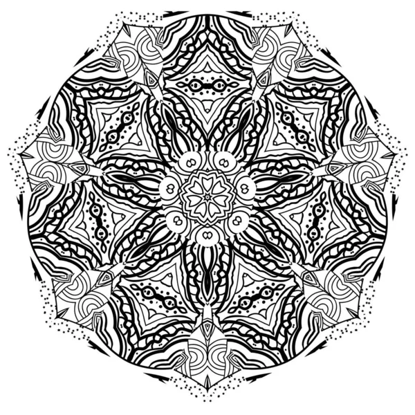 Caleidoscopio oriental blanco y negro. Colorante de patrón para adultos. Ilustración hecha a mano. - Vector — Vector de stock