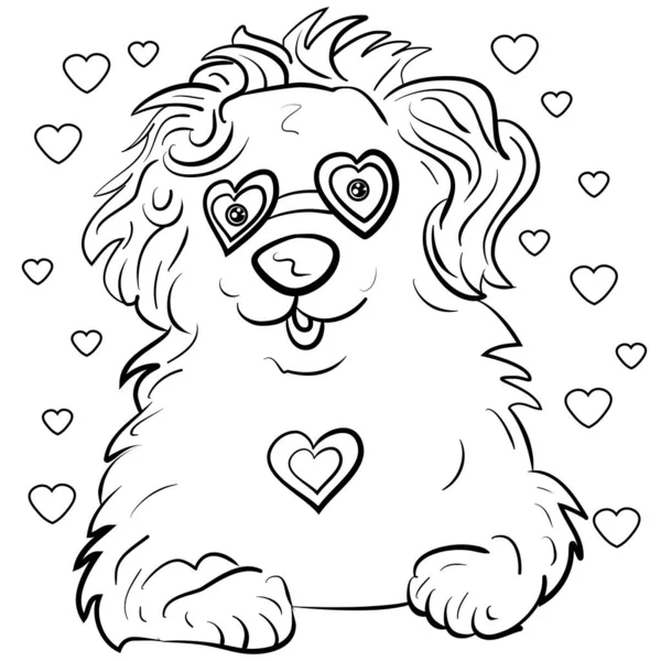 Bobtail dog surrounded by small and large hearts. Dog created in black and white colors. — Stock Vector