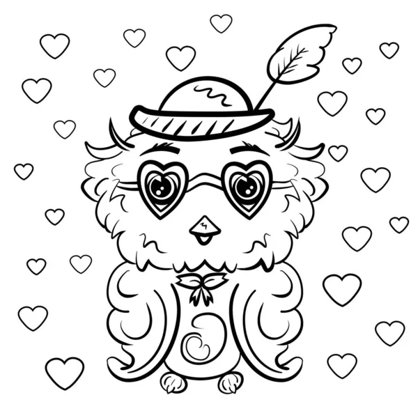 Búho en un sombrero con una pluma y gafas en forma de corazones. Colorear para niños y adultos. Día de San Valentín. Fiesta del Amor. Ilustración vectorial. - Vector — Vector de stock