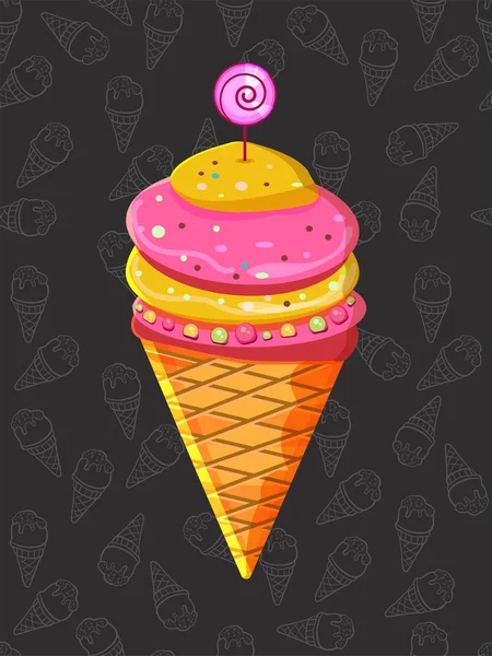 Gelado amarelo e rosa com geléia em fundo cinza escuro com um padrão linear de sorvete. Sorvete em um cone de waffle, produtos de leite de desenho animado. Doces listrados. - Vetor. vetor ilustratio — Vetor de Stock