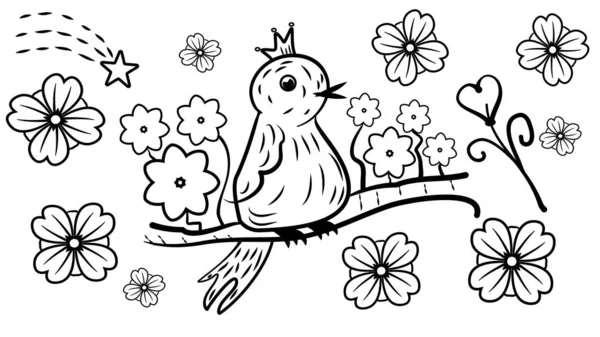 Malbuch mit einem fabelhaften Vogel in der Krone. Doodle, Ausmalseite - Vektorillustration — Stockvektor