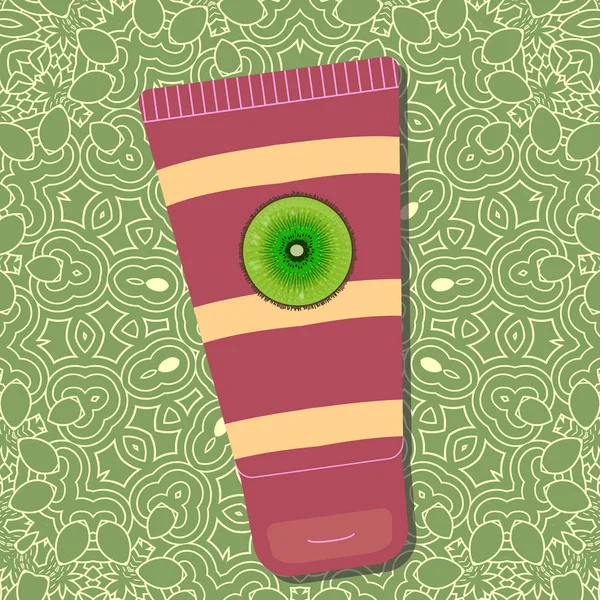 Kiwi hudkräm. Paket design med ränder och logo på grön bakgrund med mönster. -Vektor — Stock vektor