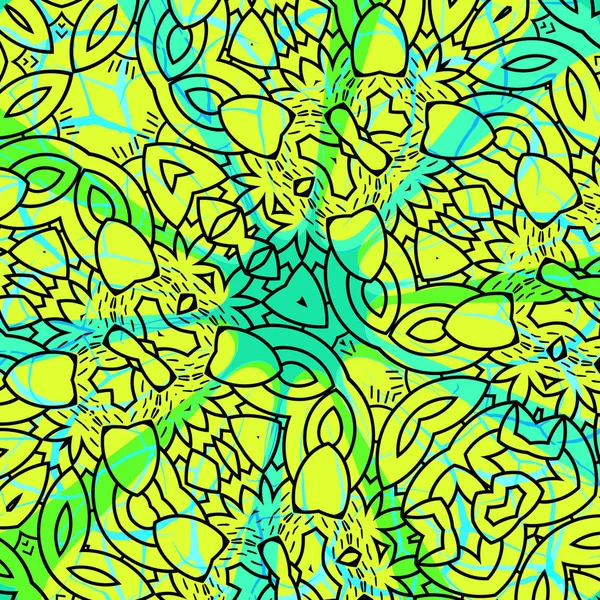 Φωτεινό κίτρινο, μπλε και πράσινο φανταχτερό μοτίβο σε καλειδοσκοπική στυλ. — Διανυσματικό Αρχείο