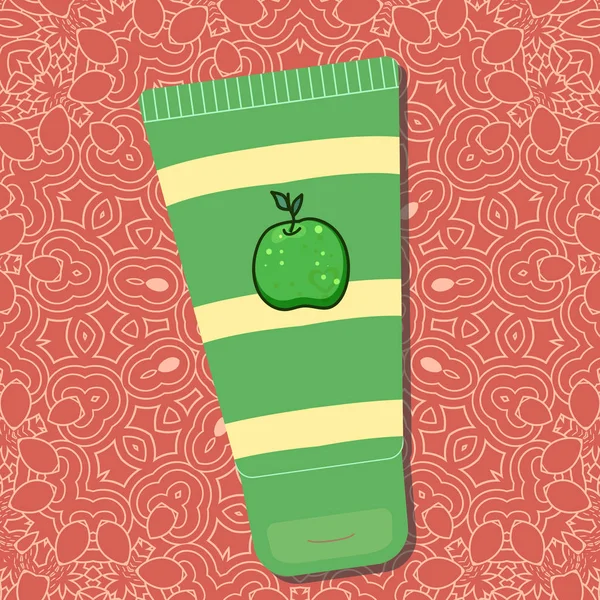 Crema de piel de manzana. Diseño del paquete con rayas y logotipo en el fondo de color ladrillo con patrón. - Vector — Vector de stock