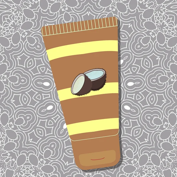 코코넛 스킨 크림. 패턴이있는 회색 - 파란색 배경에 줄무늬와 로고가있는 패키지 디자인. - 벡터 — 스톡 벡터