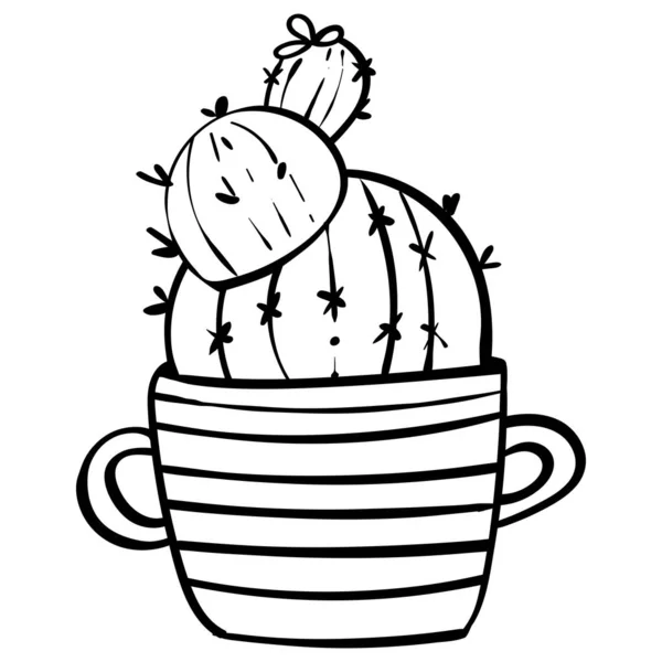 Cactus in vaso di fiori a strisce. Illustrazione botanica per la colorazione. Colorazione per bambini e adulti — Vettoriale Stock