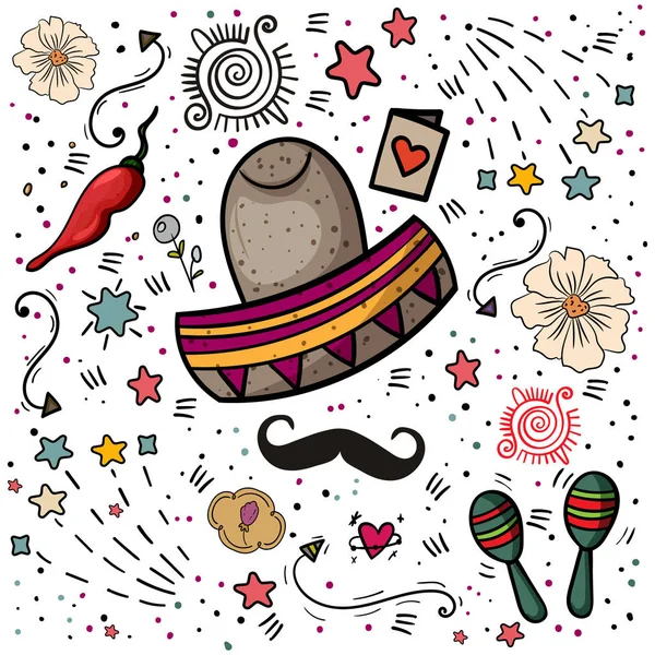 Mexican Party Elements. Collection objects for Cinco de Mayo. Doodle elements. Heart, arrow, , star - Vector. — Stock Vector