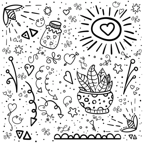 Set of coloring doodle on background. Valentine's Day Love and Hearts Doodles Design Elements. - Vector. Vector illustration — Stock Vector