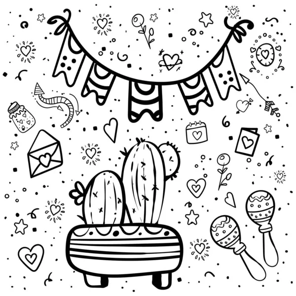 Mexican Party Elements coloring. Collection objects for Cinco de Mayo. Doodle elements. Heart, arrow, jar, star - Vector. — Stock Vector
