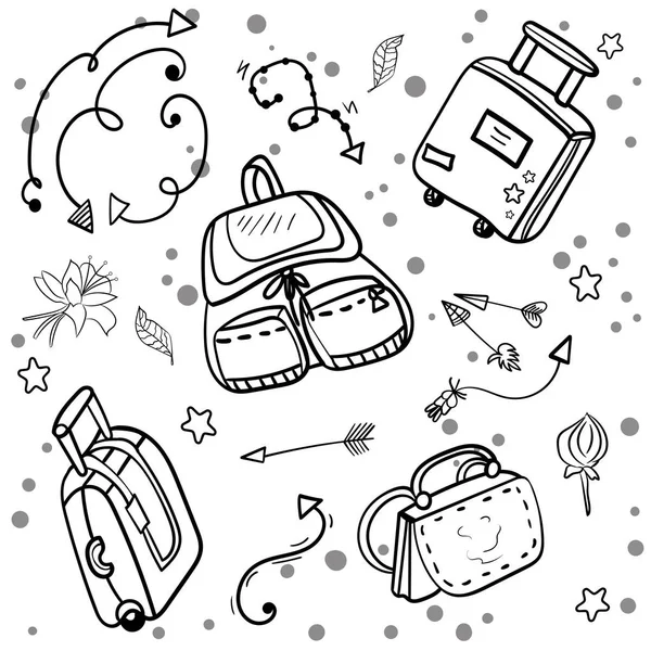 Bolsa de viaje lista. Bolsas de viaje de equipaje colocadas sobre un fondo blanco. Dibujo para colorear adulto y niños. - Vector. Ilustración vectorial — Vector de stock