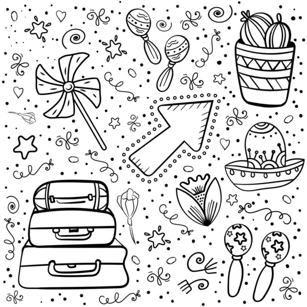 Set Mexican Party. Mexican traditional holiday. Coloring page adult and kids. Cinco de Mayo Mexican traditional fiesta and Mexico holiday. - Vector. Vector illustration — Stock Vector