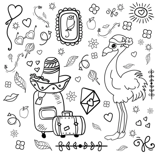 Flamingo reiziger. Set van kleurrijke doodle op achtergrond. Kleurplaten pagina volwassene en kinderen. Doodles Design Elements toerisme. Hygge en comfort. Cozy-vector. Vector illustratie — Stockvector