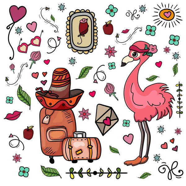 Flamingo reiziger. Set van kleurrijke doodle op achtergrond. Doodles Design Elements toerisme. Hygge en comfort. Cozy-vector. Vector illustratie — Stockvector