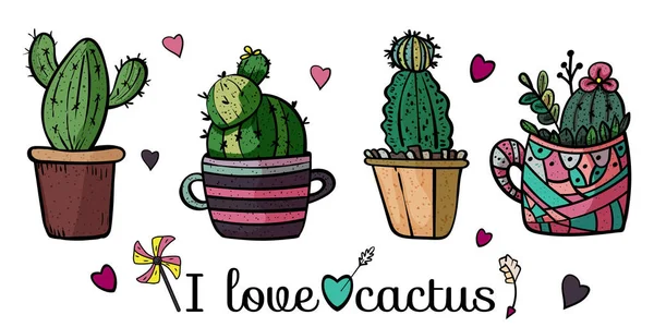 Cuatro lindos cactus en una olla. Me encanta el cactus. Banner para cualquier diseño. - Vector . — Archivo Imágenes Vectoriales