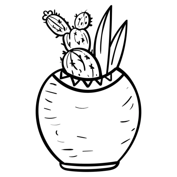 Кактус в цветочном горшке. Ботаническая иллюстрация для окраски. Раскраска для детей и взрослых - вектор — стоковый вектор