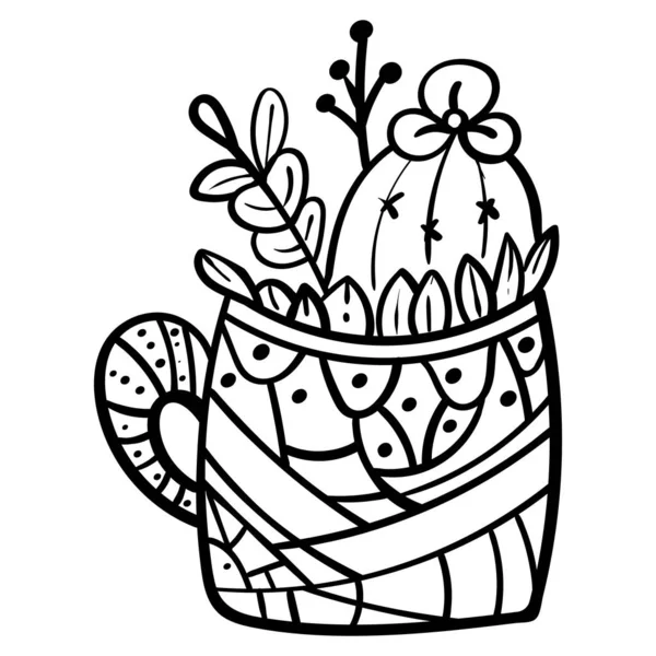 Cacto num vaso de flores. Ilustração botânica para colorir. Colorir para crianças e adultos - Vetor —  Vetores de Stock