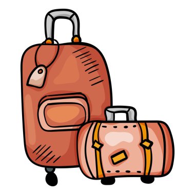Doodle Bavullar dünya çapında seyahat için. Vektör illüstrasyon. Kare kompozisyon. Vektör tasarımı