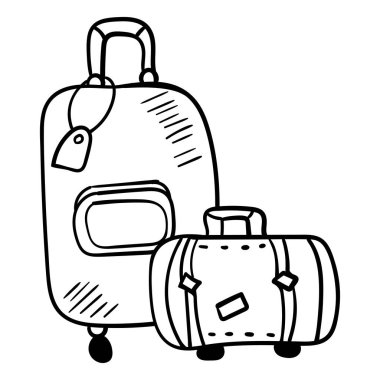 Doodle Bavul dünya çapında seyahat için. Boyama sayfası veya kitap. Vektör illüstrasyon. Kare kompozisyon. Vektör tasarımı