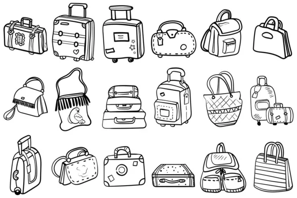 Collectie van doodle tassen, rugzakken, koffers en strand tassen. Kleurplaten pagina of boek voor kinderen en volwassenen. Vector illustratie. — Stockvector