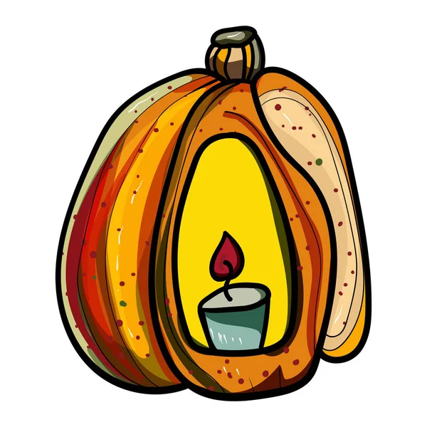 Uma grande abóbora laranja com uma vela acesa dentro. Acessório para conforto. A estação é inverno ou outono. Calor e conforto . — Vetor de Stock