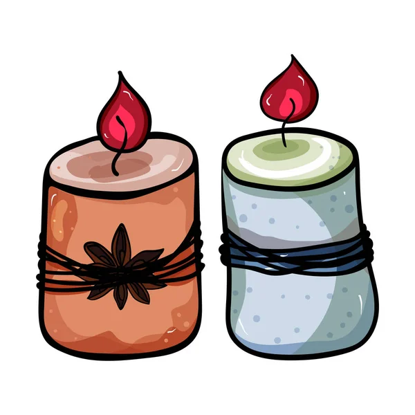 Dos velas de parafina. Dibujo para colorear adulto y niños. Accesorio para mayor comodidad. La temporada es invierno u otoño. Calidez y comodidad. - Vector. Ilustración vectorial — Vector de stock