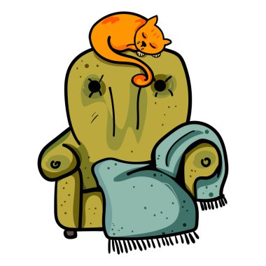Kedi koltukta. Yeşil koltukta oturan sevimli kızıl kedi, ev hayvanı dinleniyor. Rahatlık için dekoratif aksesuar. Mevsim kıştır. Sıcaklık ve rahatlık. - Vektör. Vektör illüstrasyonu