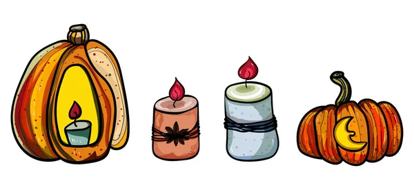 Grande citrouille orange, bougies. Citrouille et Halloween. Bannière pour les vacances. La saison est l'hiver ou l'automne. Chaleur et confort . — Image vectorielle