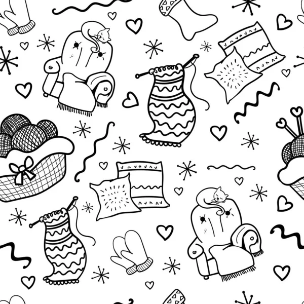 Knitted fabric pattern. Knitting needle. Coloring page adult and kids. House and home - Vector. Vector illustration — Stock Vector