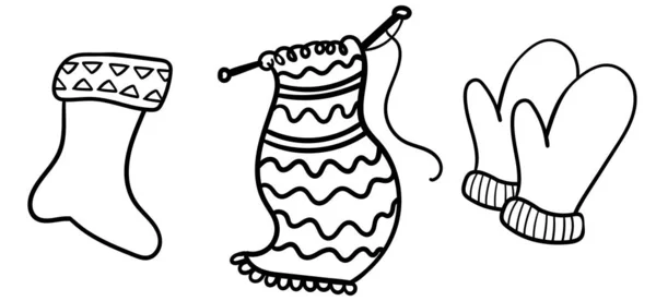 Illustrazione vettoriale con ferri da maglia, maglieria. Disegno da colorare adulti e bambini. Attrezzi da cucire. Casa accogliente. Vettore. Illustrazione vettoriale — Vettoriale Stock