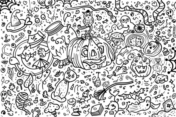 Collection and set banner. Coloring book or page for Halloween. Cartoon ghosts, bats and pumpkins at night. - Vector. Vector illustration — ストックベクタ