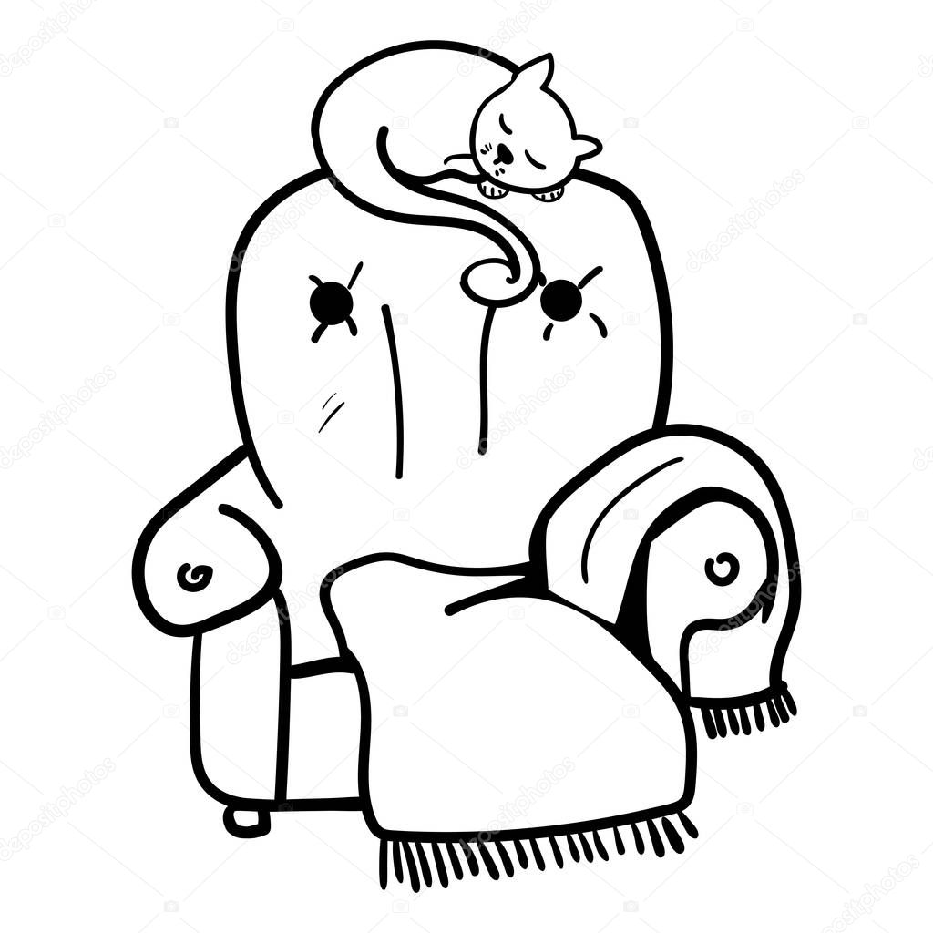 Cat on armchair. Coloring page adult and kids. Cute ginger cat sitting on a green armchair, home pet resting. Decorative Accessory for comfort. Warmth and comfort. - Vector. Vector illustration