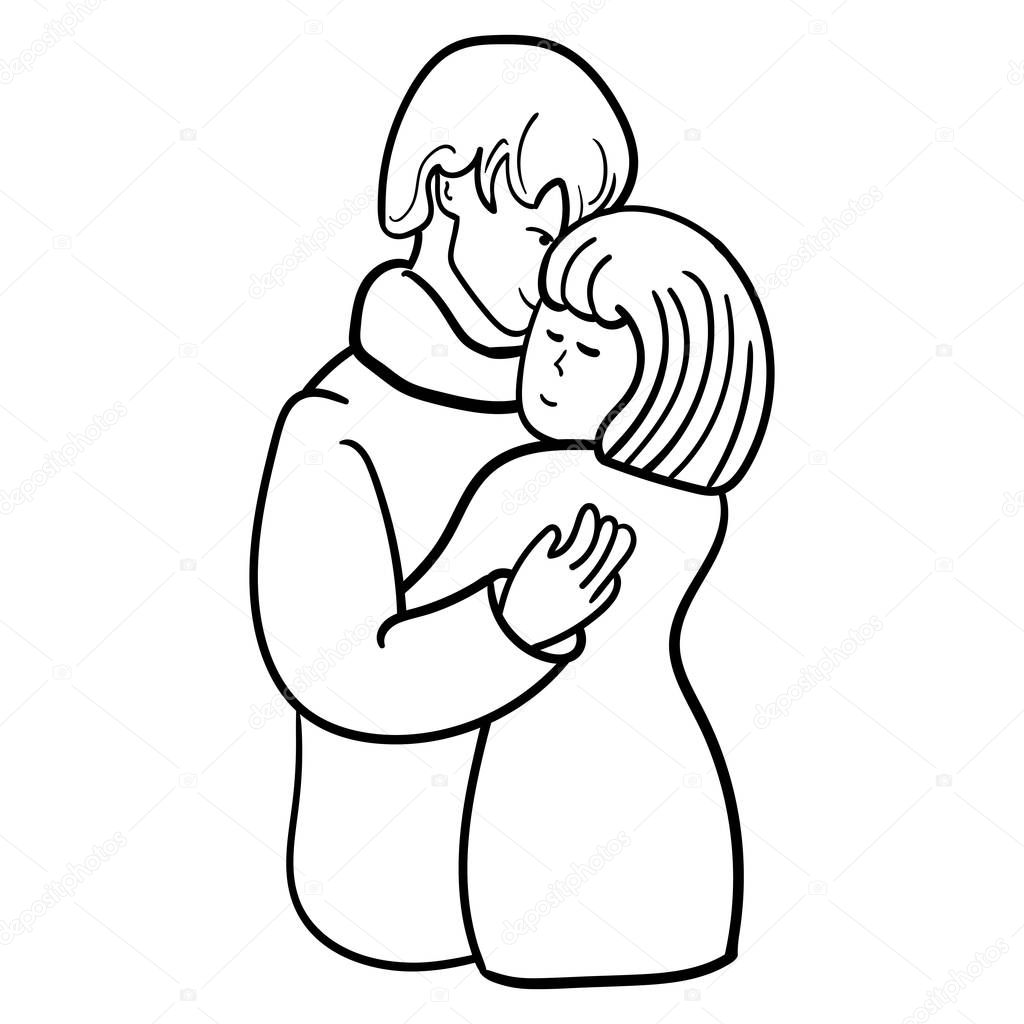 A hug of a man and a woman, a girl and a guy. Coloring page adult and kids. Feeling of love. - Vector. Vector illustration