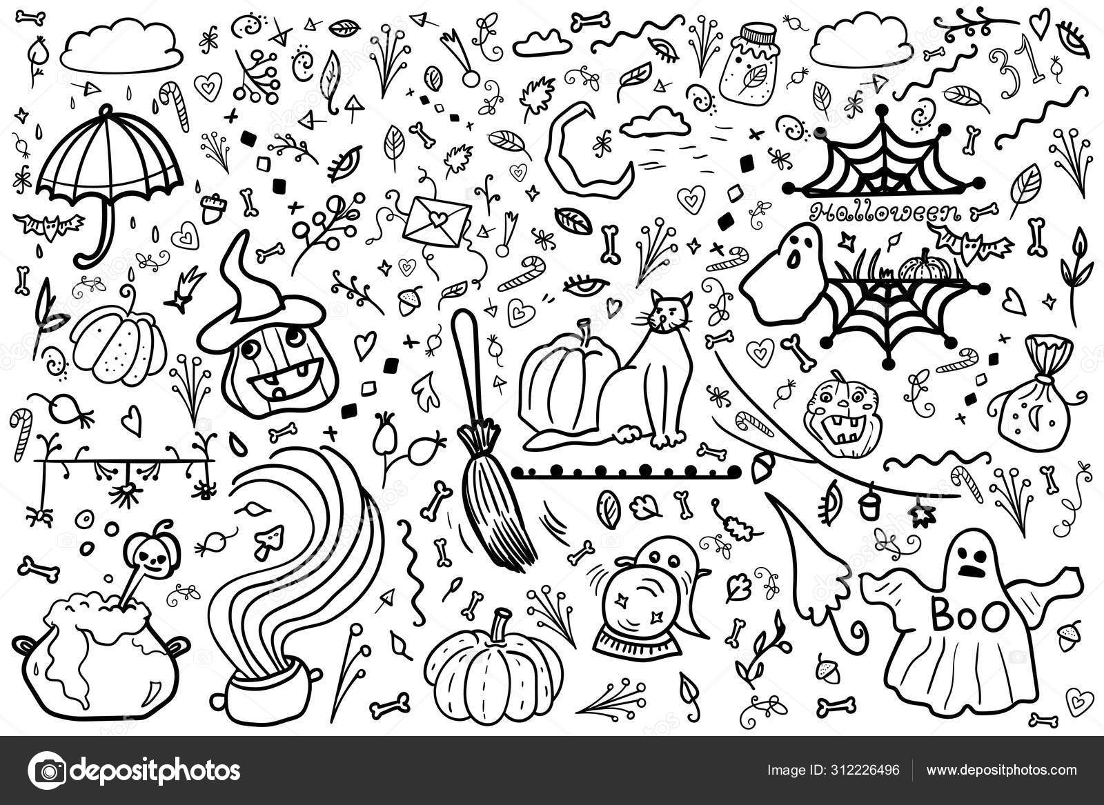 万圣节快乐收集和设置横幅。 给成人和小孩涂色。 南瓜，僵尸，吸血鬼，药剂，蜘蛛网，恐怖和恐惧。 -病媒。  矢量说明图库矢量图©meiyuan.china.gmail.com 312226496, image size:1600x1167