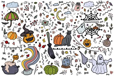 Harika Cadılar Bayramı. Koleksiyon ve pankart. Balkabağı, zombi, vampir, iksir, örümcek ağı, korku ve korku. - Vektör. Vektör illüstrasyonu