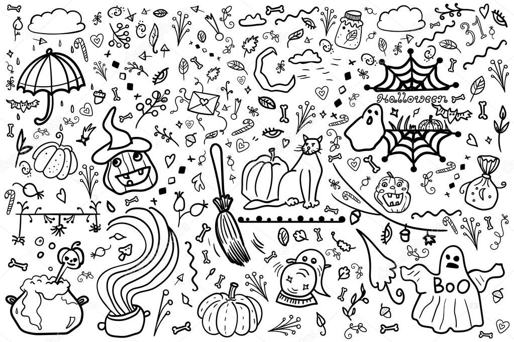 Scrap Set Elements Halloween Coloring Page Coloring Book Contour Colorful Pumpkins Cat Heart Vector Collection Nighttime And Horror Doodle Set From Different Elements Holiday In 31 October Premium Vector In Adobe