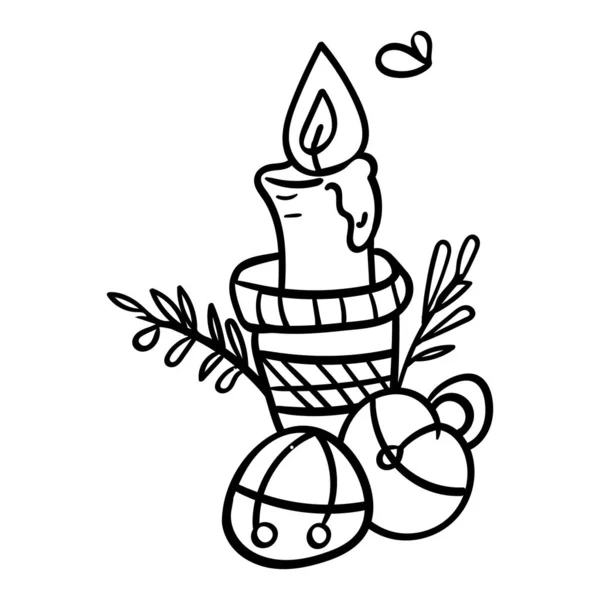 Imagen vectorial de una vela en un candelero con campanas de Navidad. Dibujo para colorear o libro, antiestrés, hobby. Decoración para una casa acogedora. - Vector. Ilustración vectorial — Archivo Imágenes Vectoriales