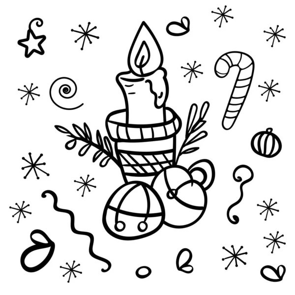 Imagen vectorial de una vela en un candelero con campanas de Navidad. Dibujo para colorear o libro, antiestrés, hobby. Decoración para una casa acogedora. - Vector. Ilustración vectorial — Archivo Imágenes Vectoriales