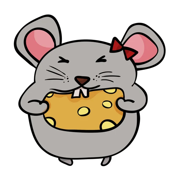 Rodent with a big piece of cheese. Lunch, dinner or breakfast. Cartoon style, Vector. Vector illustration — Stock Vector