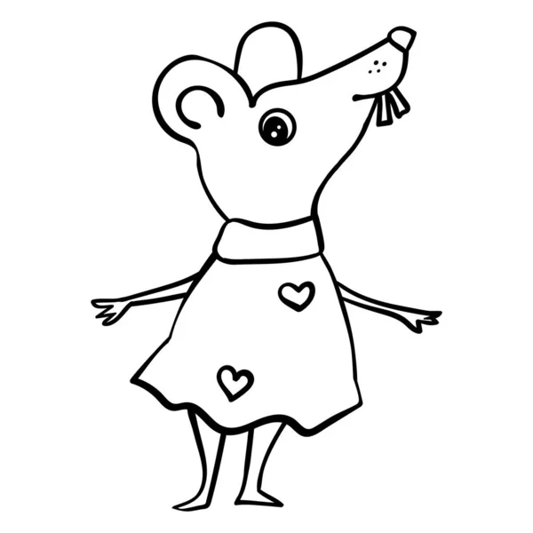 Chica roedor en un vestido. Estilo de dibujos animados, vector. Página para colorear, Libro para colorear. Contorno . — Vector de stock