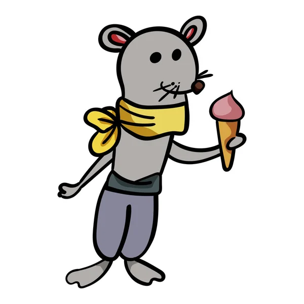 El ratón sostiene el helado en sus patas. Vector de dibujos animados. Ilustración vectorial — Vector de stock