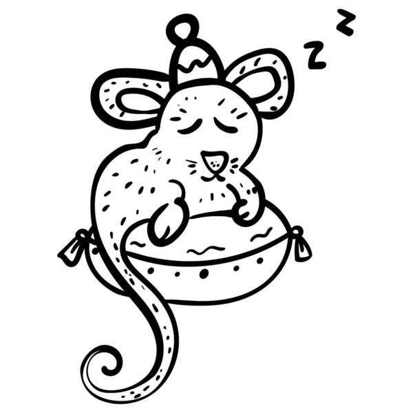 Un roedor en una gorra y en una almohada, un lindo animal descansando. Dulces sueños. Página para colorear, Libro para colorear. Contorno. - Vector. Ilustración vectorial — Vector de stock