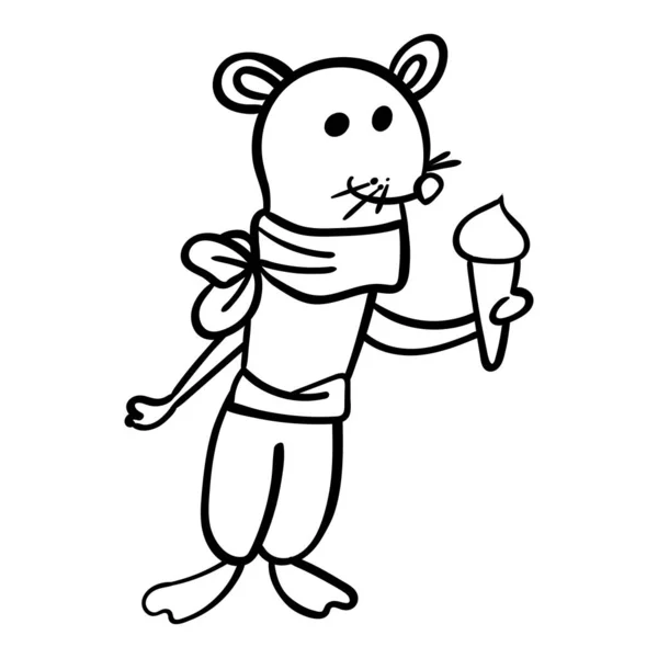 Mysz trzyma lody w łapach. Wektor kreskówki. Ilustracja wektora Kolorowanka, Kolorowanka. Kontur. — Wektor stockowy