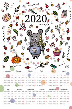 Takvim 2020 Tişört giymiş bir fare ya da fare üzerinde kek izi olan bir kemirgen güzel sarı bir çiçek tutuyor.