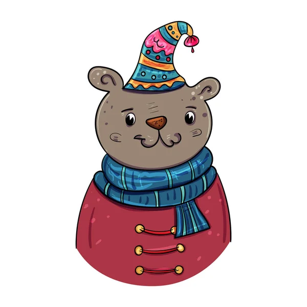 Oso Con Sombrero Bufanda Año Nuevo Vector Navidad Ilustración Vectorial — Vector de stock