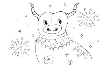 Güzel boğa, 2021 Yeni Yıl, Doğu tarzı. Şeffaf ya da beyaz arkaplan üzerine vektör çizimi. Çocuklar ve yetişkinler için boyama sayfası veya kitap.