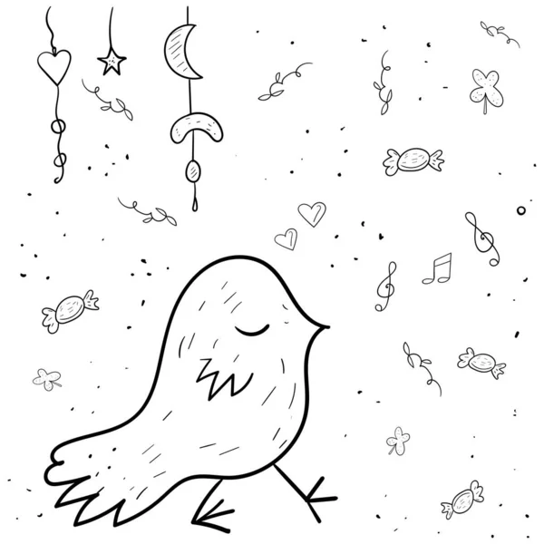 Pollo Blanco Negro Sobre Fondo Notas Musicales Dulces Una Ilustración — Archivo Imágenes Vectoriales