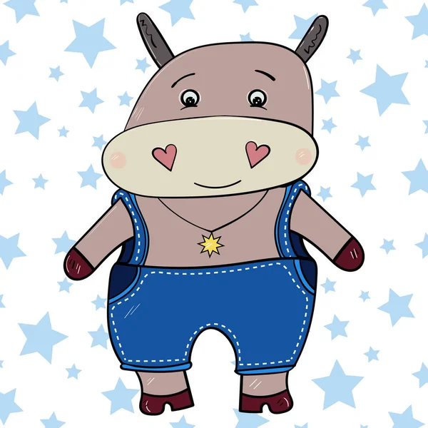 Lieve Hippopotamus Prachtig Blauw Jumpsuit Handgetekende Vectorillustratie — Stockvector