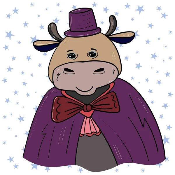 Cartoon Wizard Bull Vaca Animal Num Manto Chapéu Vector Clip —  Vetores de Stock