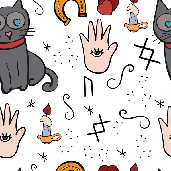 Mystický Vzor Svíčkou Kočkou Magické Znaky Palmistry Vector Seamless Textury — Stockový vektor