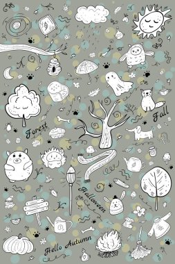 Sonbahar doğa boyama sayfası ya da kitap, vektör çizimleri. Büyük Set koleksiyonu Doodle, Cadılar Bayramı illüstrasyonu. Hygge ve Cozy, Çizgi Film Renklendirme.